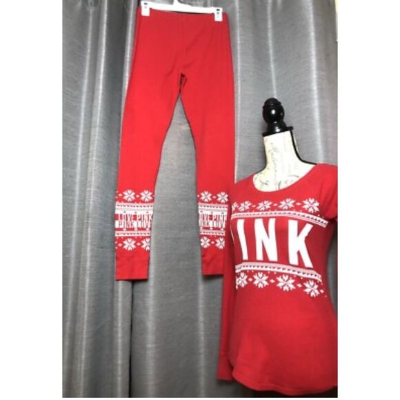 PINK Victoria's Secret Red White Holiday Long Sleeve 2 Pc Pajama Set Small XS - Picture 1 of 11
